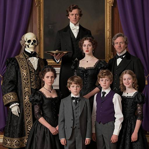 Victorian Era Family Portrait with Skeleton Figure