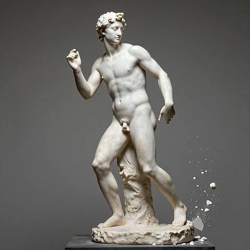 Photograph of a white marble statue of a nude, muscular male figure with detailed hair, standing in a dynamic pose, with broken fragments falling from the