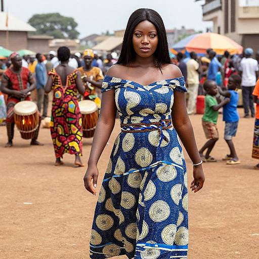 Photograph of a confident Black woman with long black hair, wearing an off-shoulder blue dress with gold circular patterns, standing in a bustling outdoor