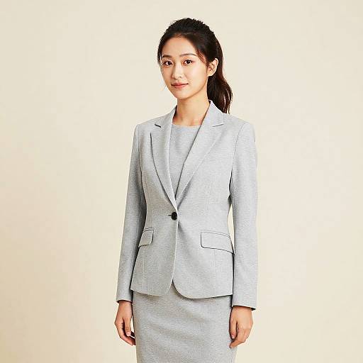 Photograph of an Asian woman with light skin, dark hair in a ponytail, wearing a light gray blazer and matching skirt, standing against a