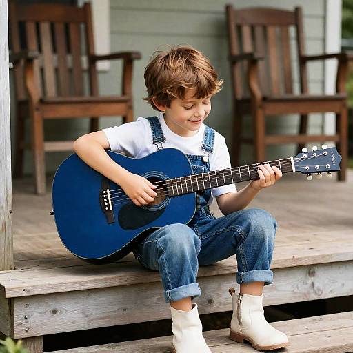 Joyful Boy Playing Guitar on Porch