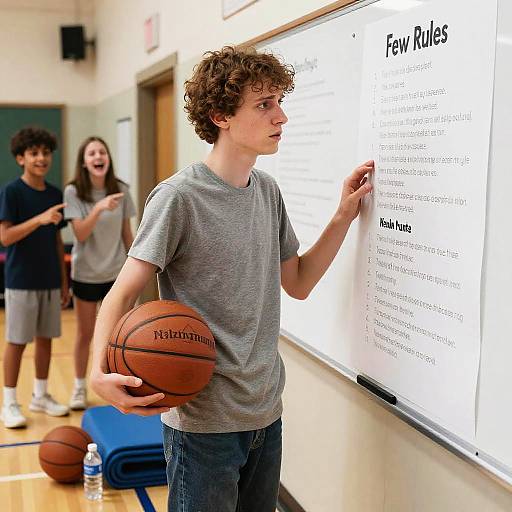 Photograph of a curly-haired teenage boy in a gray t-shirt holding a basketball, reading 