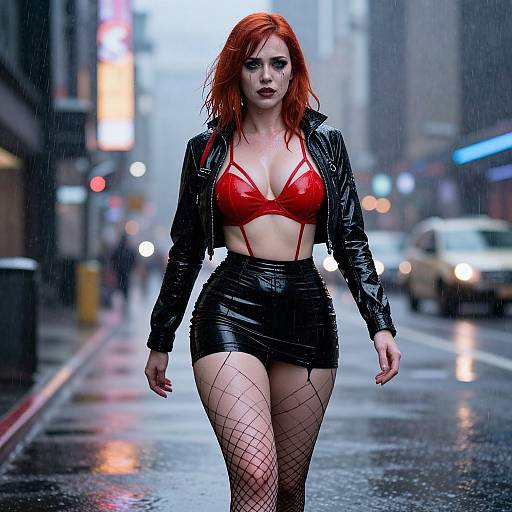 Photograph of a red-haired woman in a wet city street, wearing a red leather bra, black leather jacket, black mini skirt, fishnet stockings