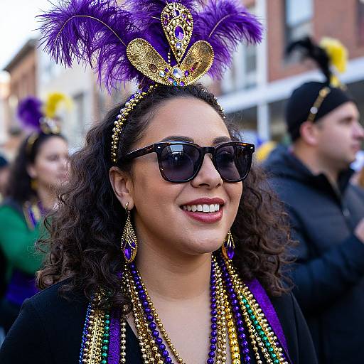 Photograph of a smiling Latina woman with curly hair, wearing purple feathered Mardi Gras hat, black sunglasses, colorful bead necklaces, and