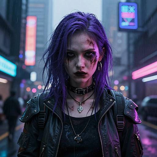 Cyberpunk photograph: Pale, gothic woman with purple hair, blood on face, black leather jacket, collared choker, city street,