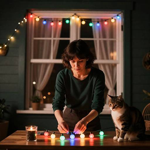 Festive Window Scene with Focused Woman