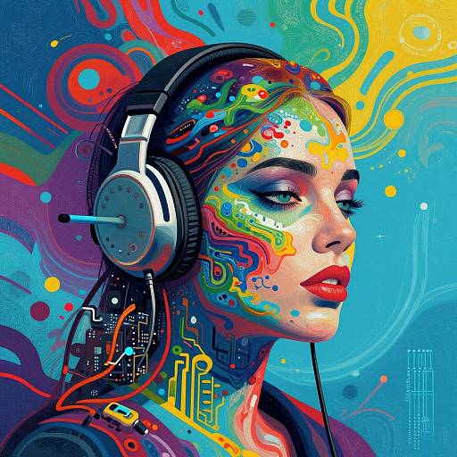 Vibrant digital portrait of a woman with colorful, abstract face paint, wearing large silver headphones, against a swirling blue and yellow background. Urban city