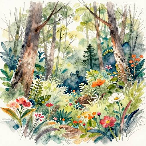 Vibrant watercolor forest scene with tall trees, colorful flowers, green foliage, and sunlight filtering through, creating a lush, lively atmosphere.