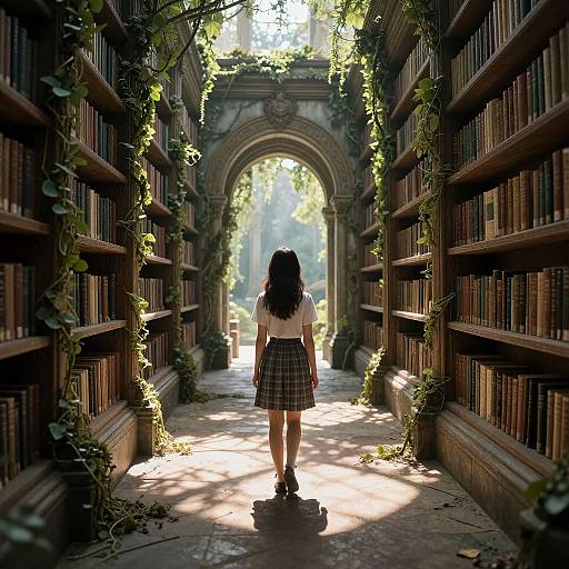 Photograph of a young woman with dark hair, in a plaid skirt and white top, standing in a sunlit, vine-covered library aisle.