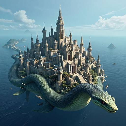 CGI fantasy image of a grand, detailed castle with multiple spires, surrounded by a massive, green-scaled dragon in the ocean. Bright blue