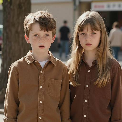 Two Children Standing Outdoors in Brown Shirts