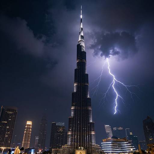 Photograph of the Burj Khalifa at night, illuminated, with a bright blue lightning bolt striking the sky beside it, surrounded by city lights and