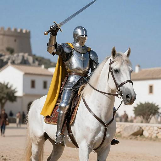 Sunlit Medieval Knight on White Horse