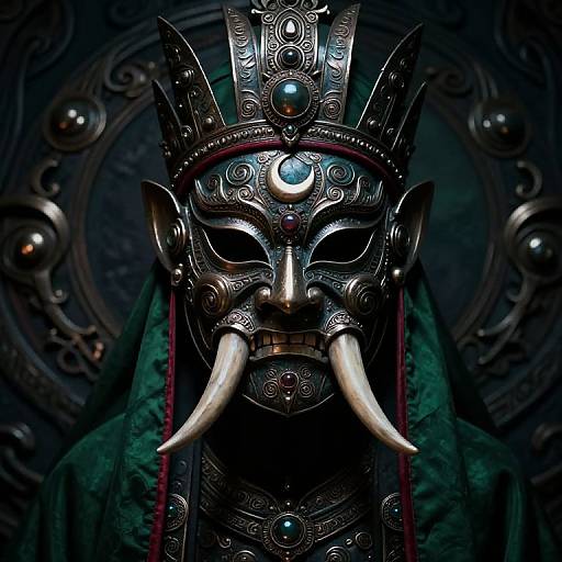 Photograph of a dark, intricately designed Viking-style mask with large white tusks, metallic crown, and green cloak, set against a dark,