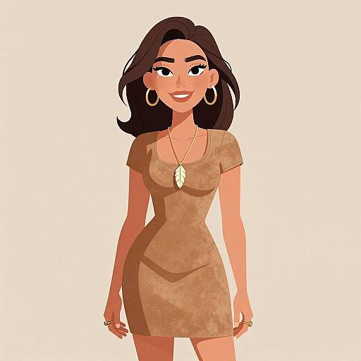 Digital illustration of a smiling woman with medium-length black hair, wearing a short, form-fitting brown dress, gold hoop earrings, and a leaf-shaped