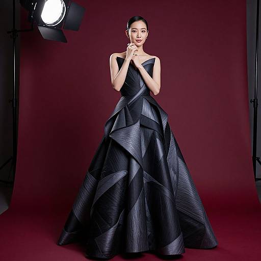 Photograph of an elegant Asian woman with dark hair in a sleek bun, wearing a black, strapless, geometrically patterned, floor-length gown