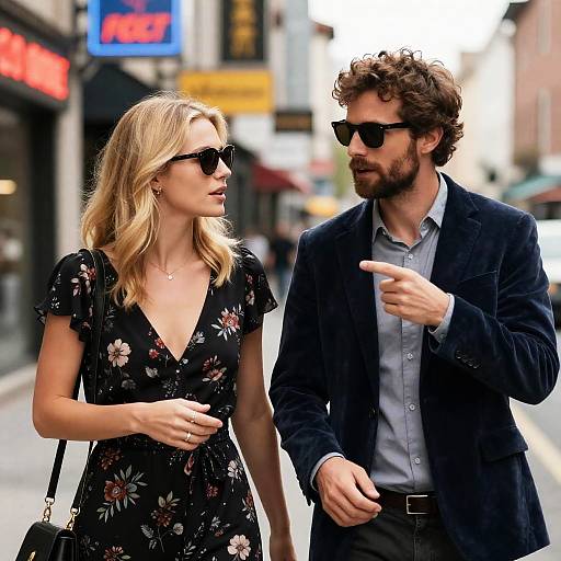Stylish Couple Walking and Talking on Urban Street
