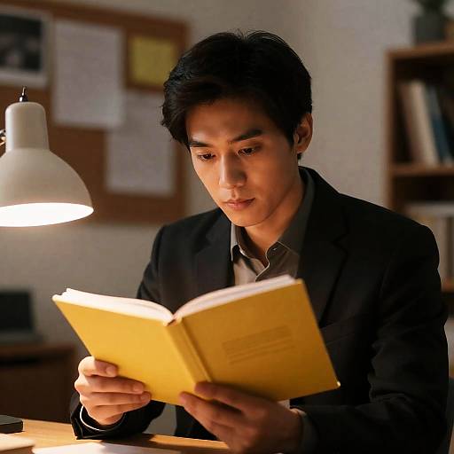Focused Man Reading Under Warm Light