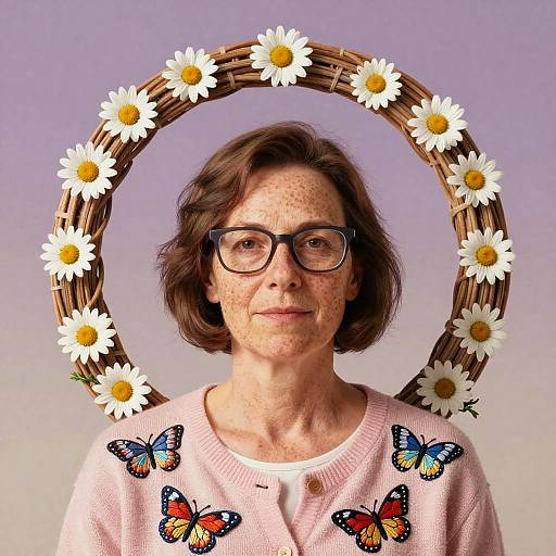 Photograph of a middle-aged woman with glasses, freckled skin, short brown hair, pink sweater, surrounded by a daisy-wreath