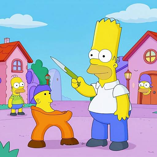 Colorful cartoon of Simpsons characters: yellow-haired man in white shirt holding knife, yellow child in orange jumpsuit, pink houses, blue sky.
