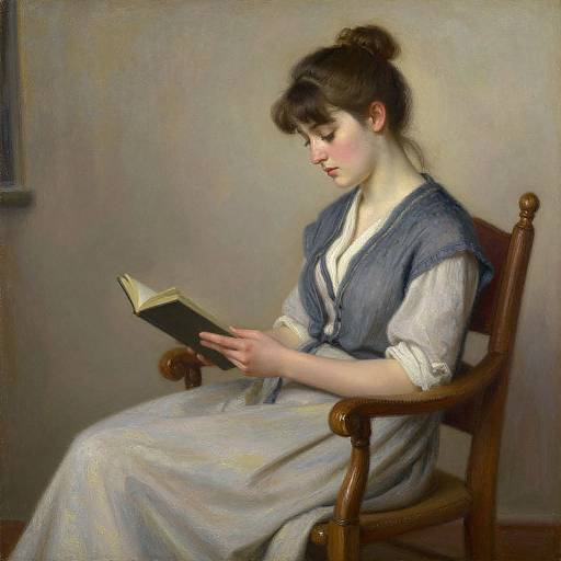 Oil painting of a fair-skinned, brunette woman in a blue vest and white dress, sitting on a wooden chair, reading a book.