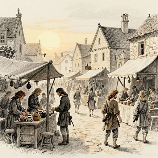 Digital illustration of a medieval market scene with stone buildings, wooden stalls, and people in period clothing buying and selling goods.