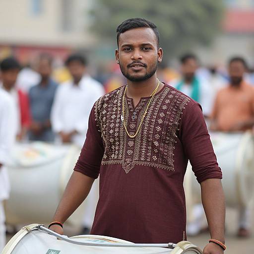 Photograph of a muscular, dark-skinned Indian man with a trimmed beard, wearing a maroon embroidered kurta and gold necklace, holding a white