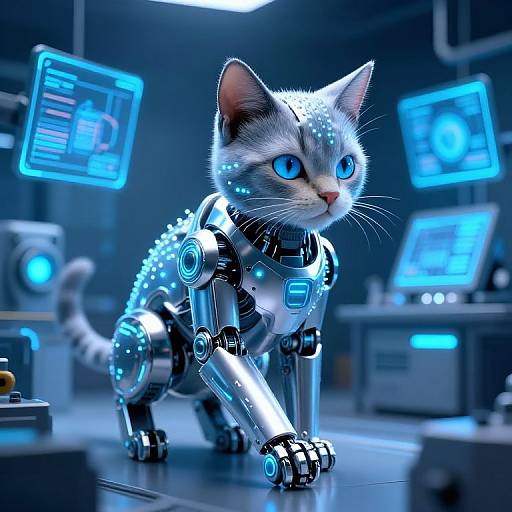 Futuristic Robot Cat in High-Tech Lab
