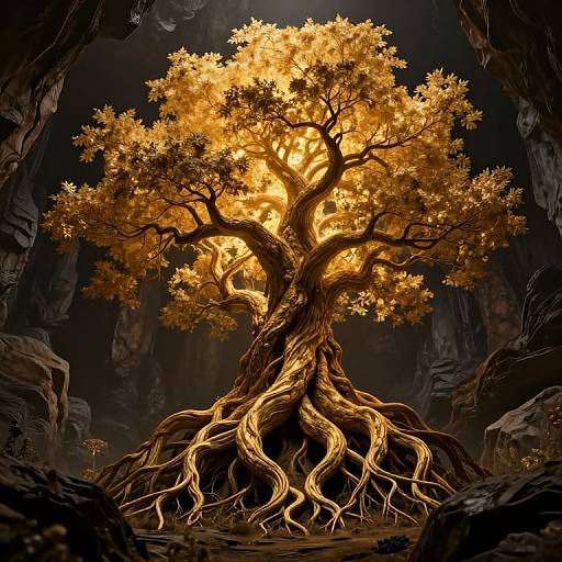 Digital artwork of a glowing, golden-leaved tree with intricate, twisted roots, set in a dark, rocky cave, illuminated from within.