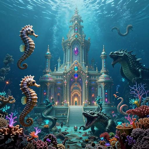 Digital artwork of an underwater fantasy cathedral with colorful coral, glowing bioluminescence, seahorses, and dragon-like creatures surrounding a majestic, illuminated