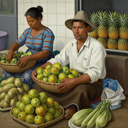 Photograph of Indian vendor man and woman sitting, selling green mangoes and pineapples in a market stall, wearing casual clothing.