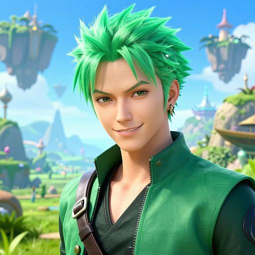 CGI image of a green-haired anime-style young man with a confident smile, wearing a green vest, black shirt, and earring, set against