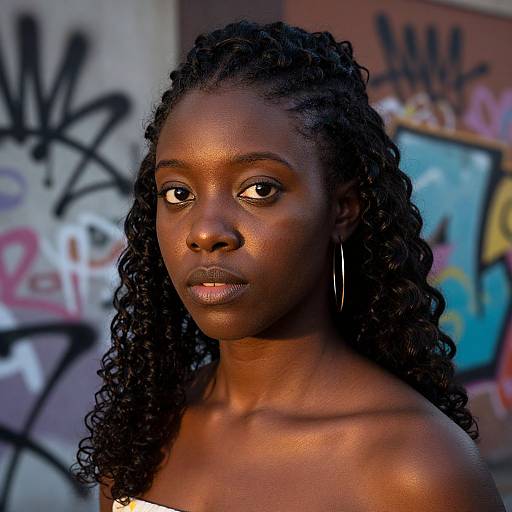 Photograph of a beautiful, dark-skinned woman with long, curly black hair, wearing large hoop earrings, against a graffiti-covered urban background.