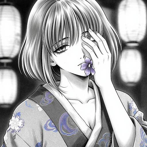 Monochrome Anime Kimono Elegance