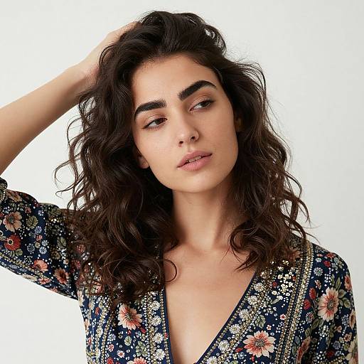 Photograph of a young woman with wavy dark hair, wearing a floral-patterned navy blue dress, posing against a white background. She has a