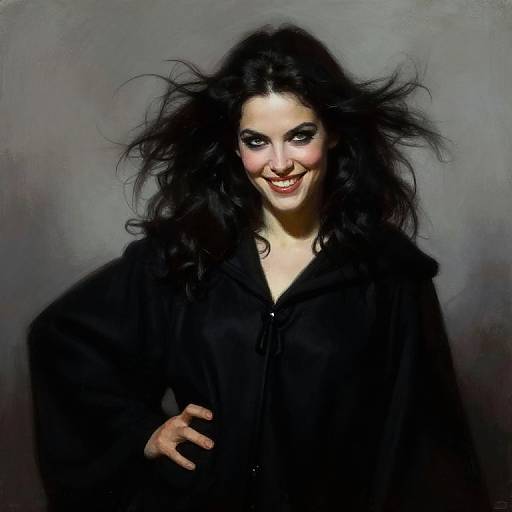 Photograph of a smiling woman with dark, wild hair, black hoodie, pale skin, dramatic makeup, and hand on hip, against a gray gradient