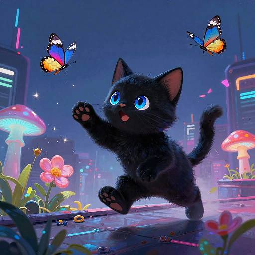 Cyberpunk Kitten Chasing Butterflies