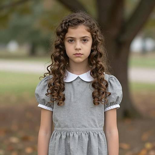 Serious Young Girl in Grey Annie-Style Dress