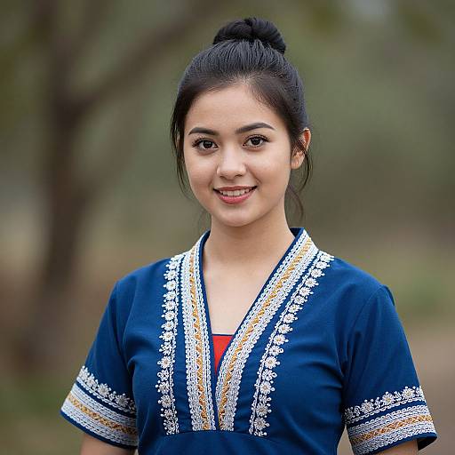 Photograph of a young Asian woman with black hair in a bun, smiling, wearing a blue embroidered top, standing outdoors.