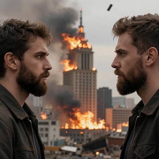 Intense Profile of Bearded Men in Chaos