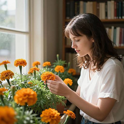 Photograph of a young woman with fair skin and brown hair, wearing a white t-shirt, gently touching vibrant orange marigold flowers in a sun