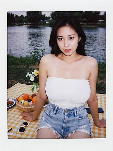 Photograph of an Asian woman with long black hair, wearing a white strapless top and denim shorts, sitting on a yellow checkered blanket by a