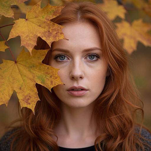 Photograph of a fair-skinned redhead woman with blue eyes, wearing a black top, partially obscured by autumn leaves with yellow and brown hues.