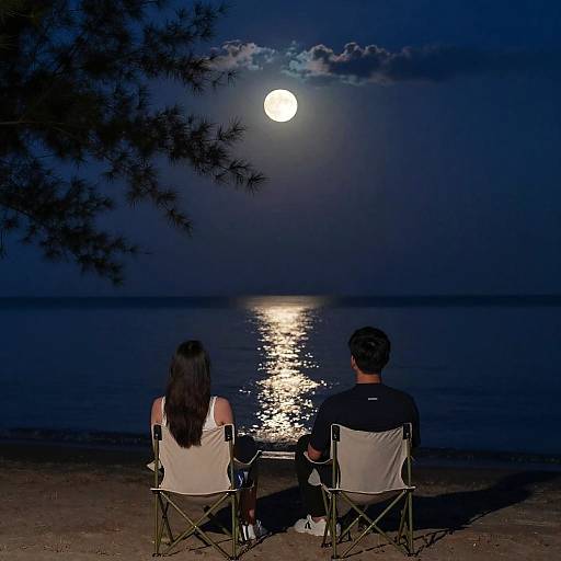 Photograph of a couple sitting on beach chairs, facing full moon over calm ocean, with tree branch in foreground. Dark blue night sky, moonlight