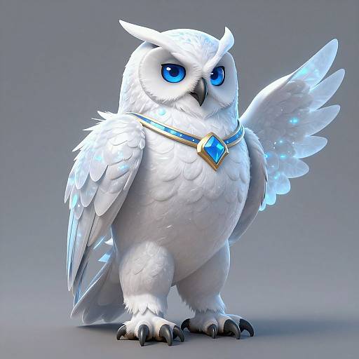 Digital illustration of a white, blue-eyed, majestic owl with glowing blue gemstone necklace and wings, standing on grey background.