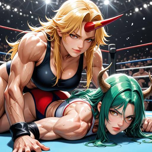 Blonde and Green-Haired Wrestlers in Action