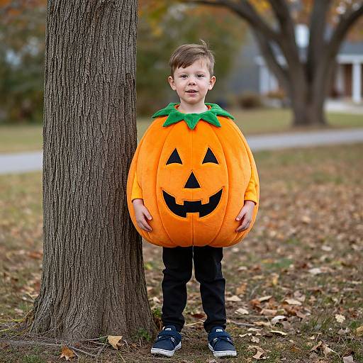 Photograph of a young boy in an orange pumpkin costume with black triangle and smile face, standing against a tree in an autumnal park.