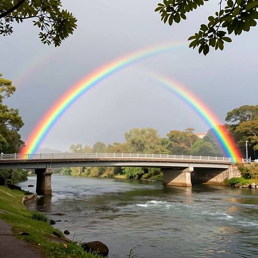 Photograph of a vibrant rainbow arching over a concrete bridge spanning a flowing river, surrounded by green trees and foliage.