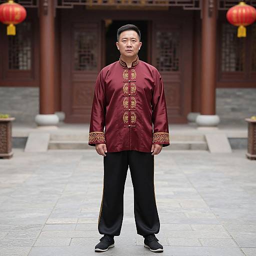 Photograph of an Asian man in a maroon satin shirt with gold embroidery, black pants, and black shoes, standing in front of a traditional Chinese