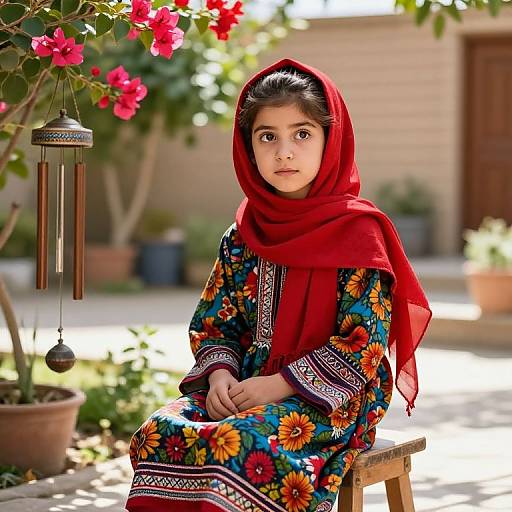 Photograph of a young girl with dark hair, wearing a red hijab and colorful floral dress, sitting outdoors near blooming pink flowers and a hanging